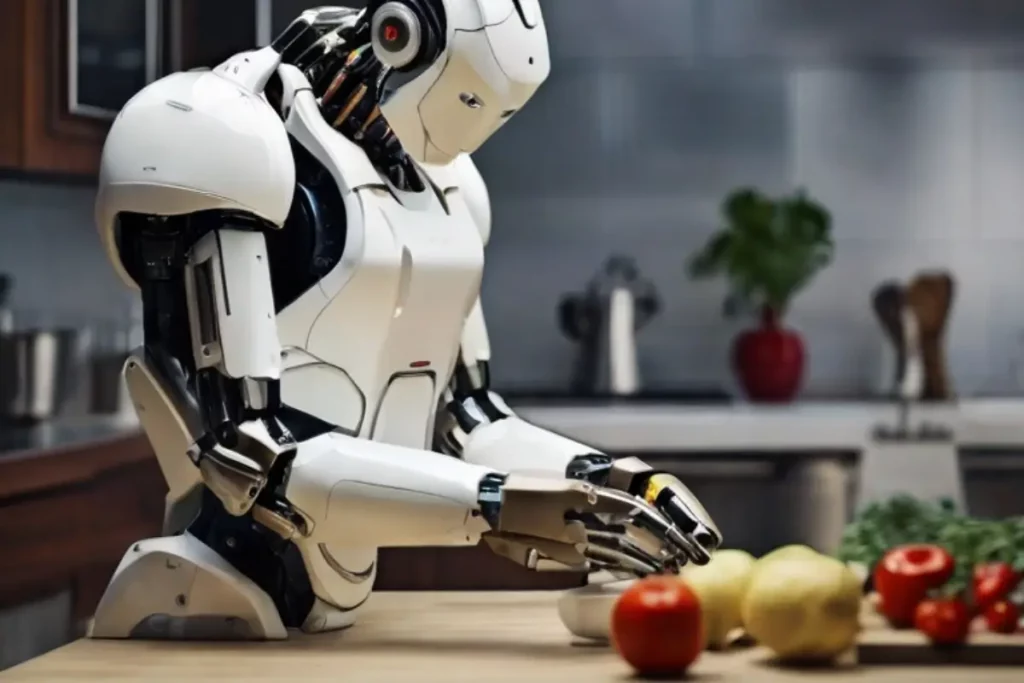 A imagem mostra um robô na cozinha, revolucionando a culinária com Inteligência Artificial. 